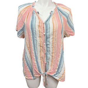 Lane Bryant Pink Blue Striped Button Front Tie Hem Blouse Size 18